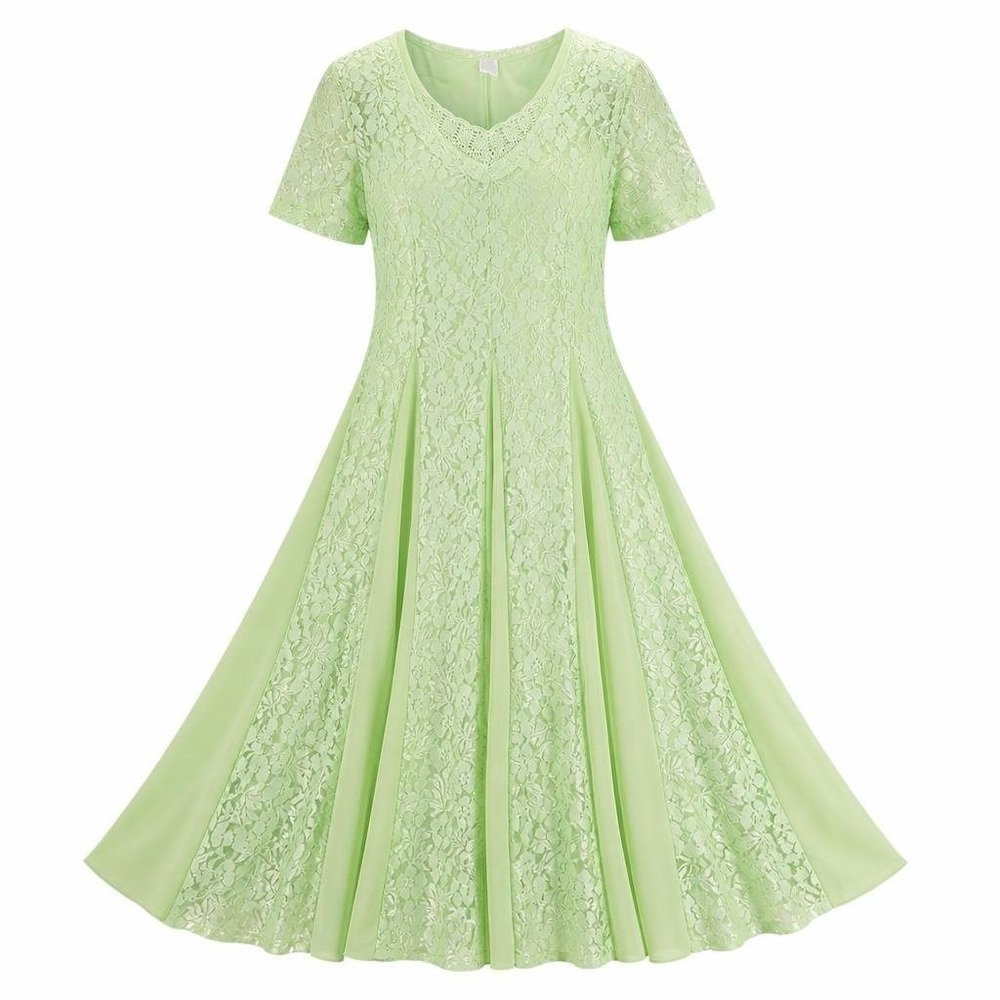 VTG Vicki Wayne Dress Womens 12 Signature Green Lace Paneled Floral Godet Church